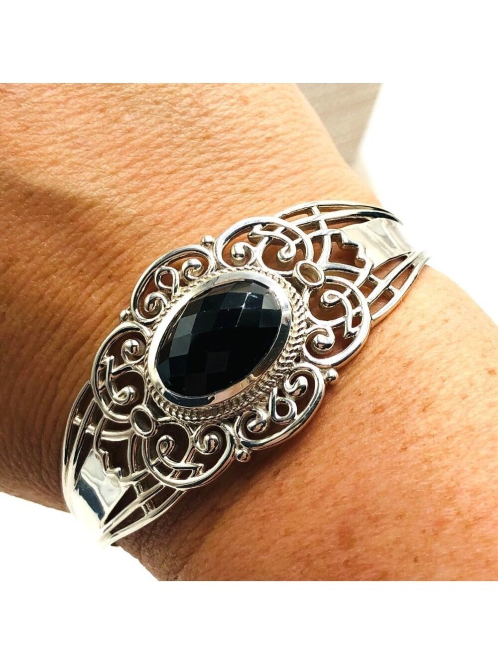 PTI India Black Onyx Sterling Silver Adjustable Size Cuff Bracelet